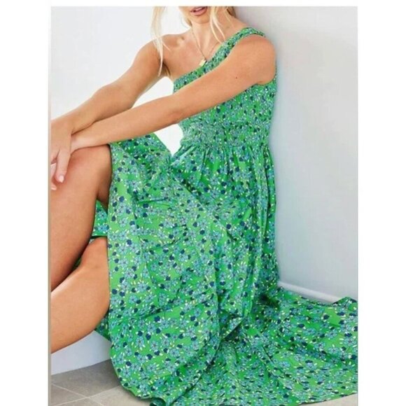 ZESICA One-Shoulder Green Floral Midi Dress Smocked Bodice & Flowy Tiered Skirt - Picture 3 of 13